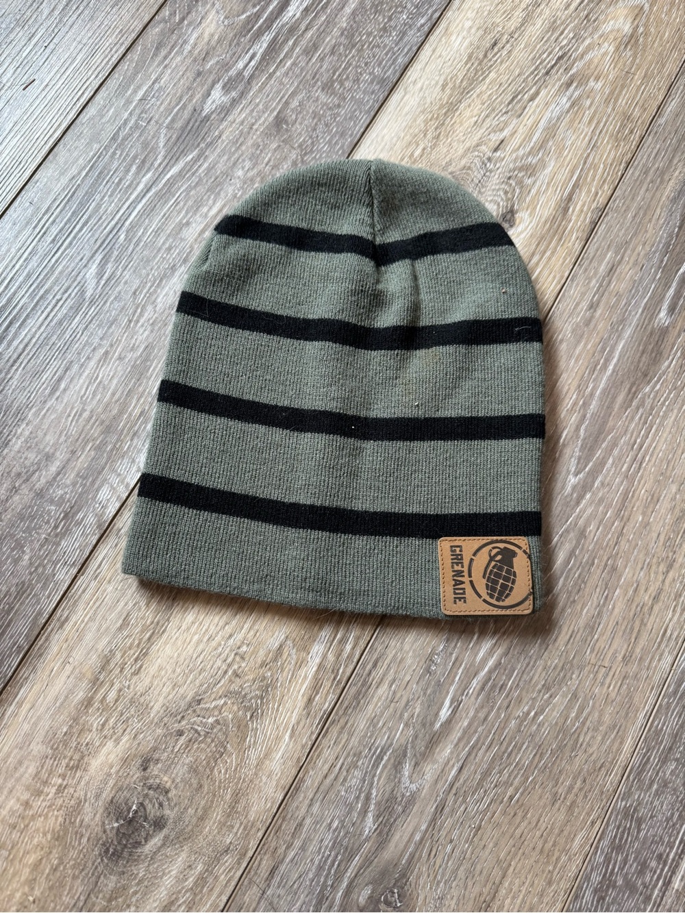 Grenade Gray Striped Knit Beanie with Leather Patch
